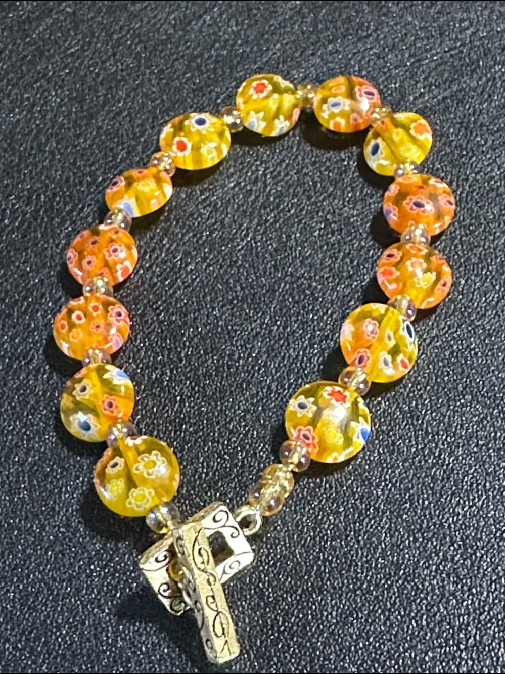 Artisan Yellow & Orange Glass Millefiori Beaded Gold Tone Toggle Bracelet